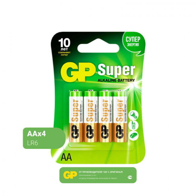 БАТАРЕЙКА GP SUPER ALKALINE АА (LR6) 4 ШТ. (15А-BC4) GP GP