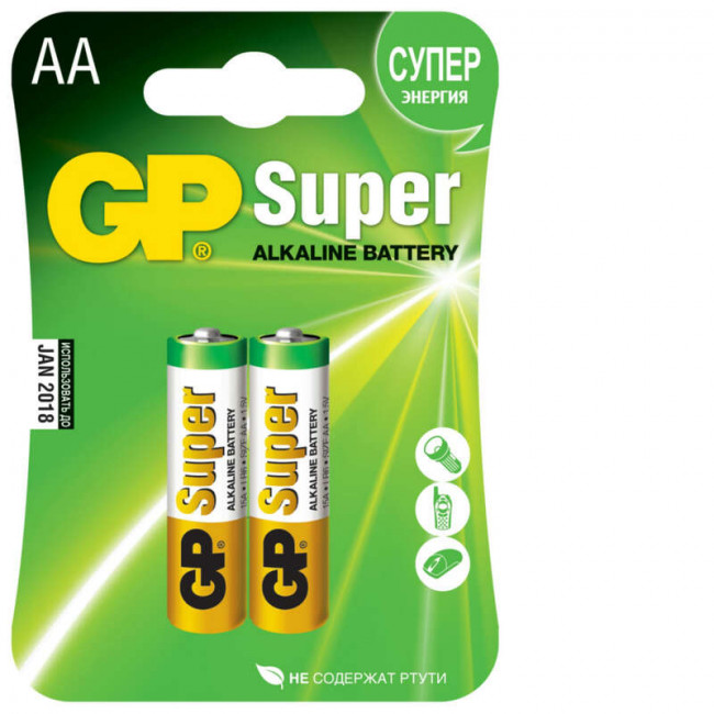 БАТАРЕЙКИ GP SUPER ALKALINE 15A-2CR2 (LR06), 2 ШТУКИ, АА GP GP